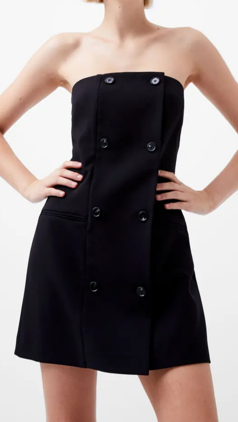 Zweireihiges trägerloses Twill-Minikleid in Schwarz