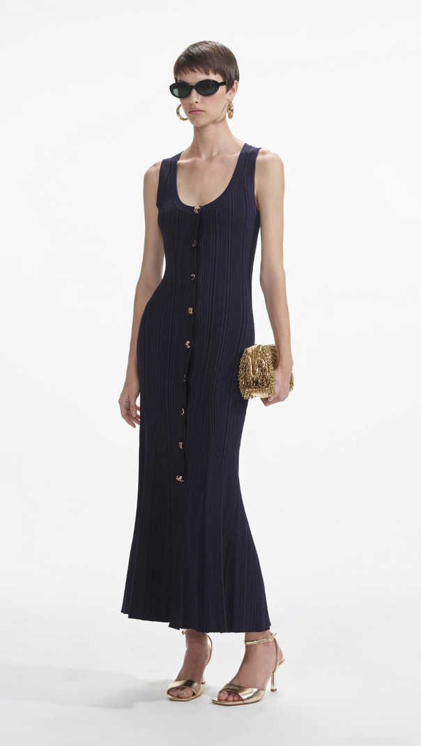 AIIZIE BUTTON-EMBELLISHED RIBBED-KNIT MIDI DRESS IN NAVY - product image