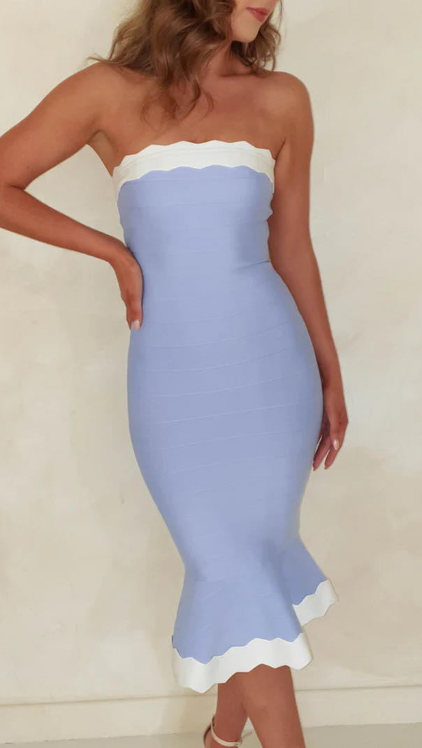 AIIZIE STRAPLESS BANDAGE BODYCON MIDI DRESS IN BLUE - product image