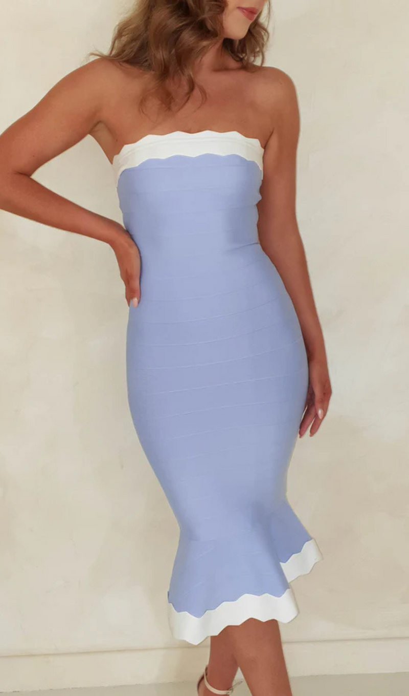 STRAPLESS BANDAGE BODYCON MIDI DRESS IN BLUE