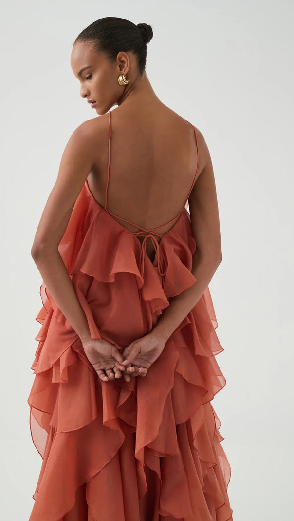 AIIZIE CAYSIE HALTER FLORAL RUFFLE LAYERED MAXI DRESS IN ORANGE - product image