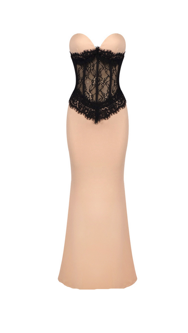 AIIZIE ADELE CREPE LACE CORSET MAXI DRESS IN BEIGE - product image