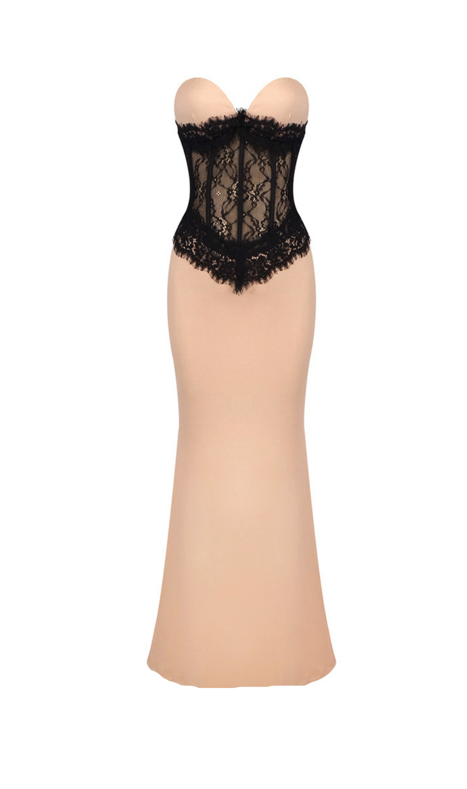 ABITO LUNGO ADELE CON CORSETTO IN PIZZO CREPE BEIGE