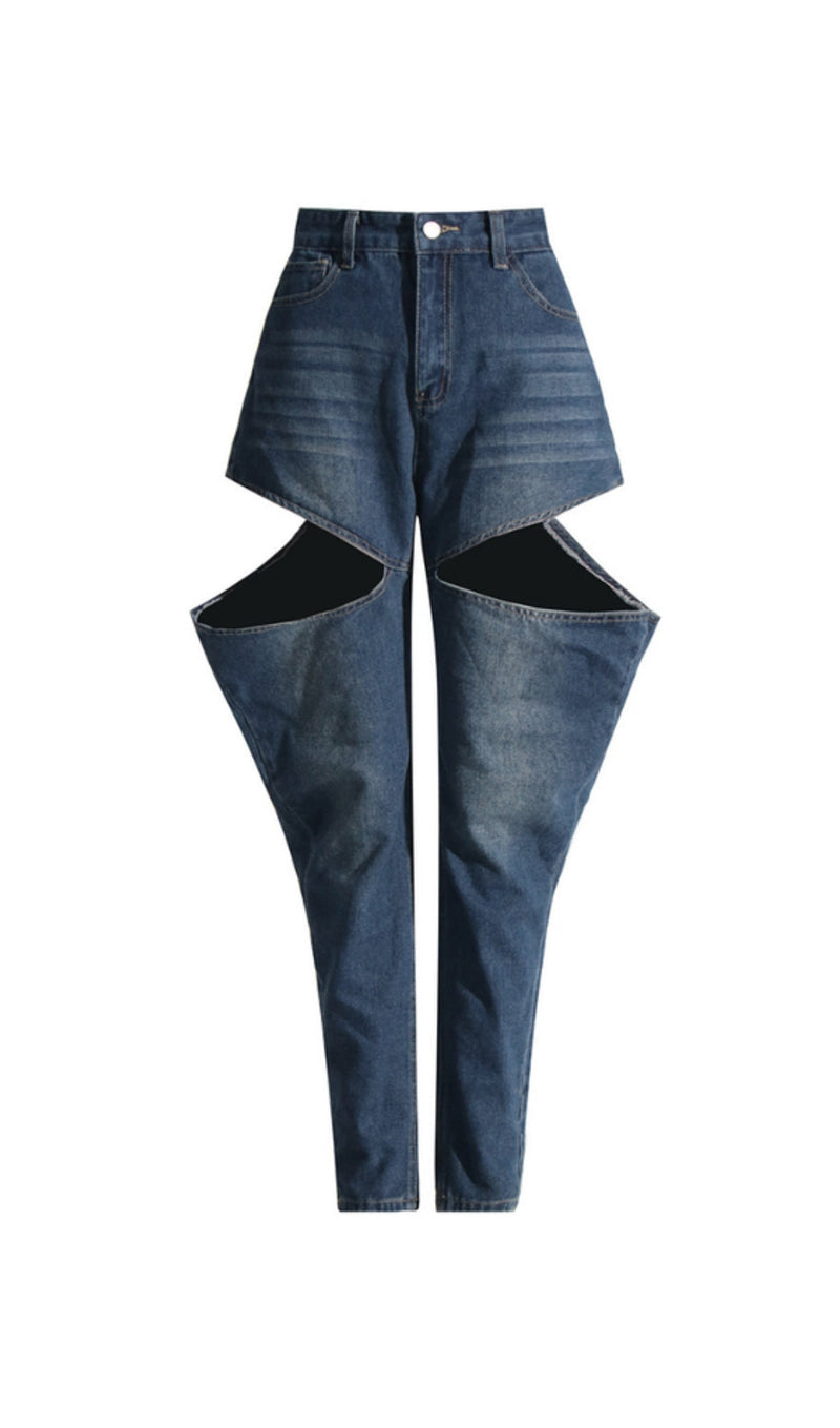 BUTTON CUTOUT DENIM PANTS SET