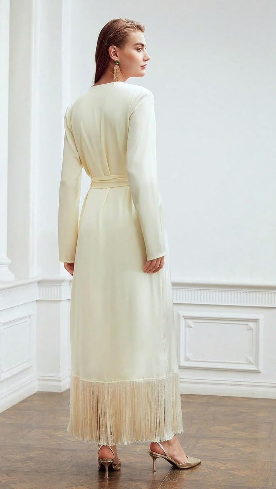 BELTED SATIN FRINGE-HEM DRESS IN BEIGE