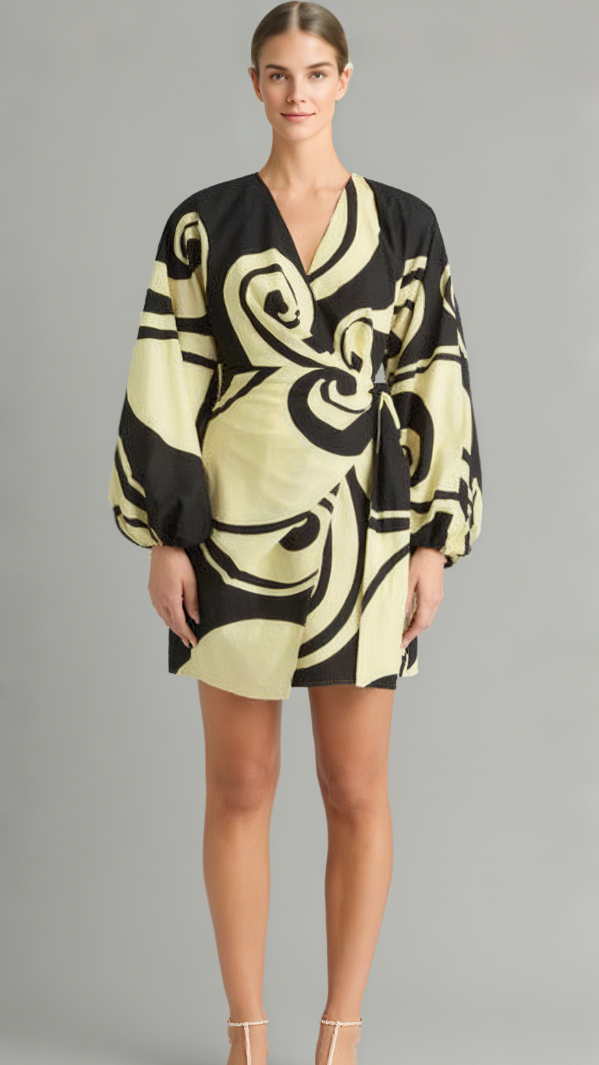 OCEANIC SWIRL V-NECK PUFF SLEEVE MINI DRESS