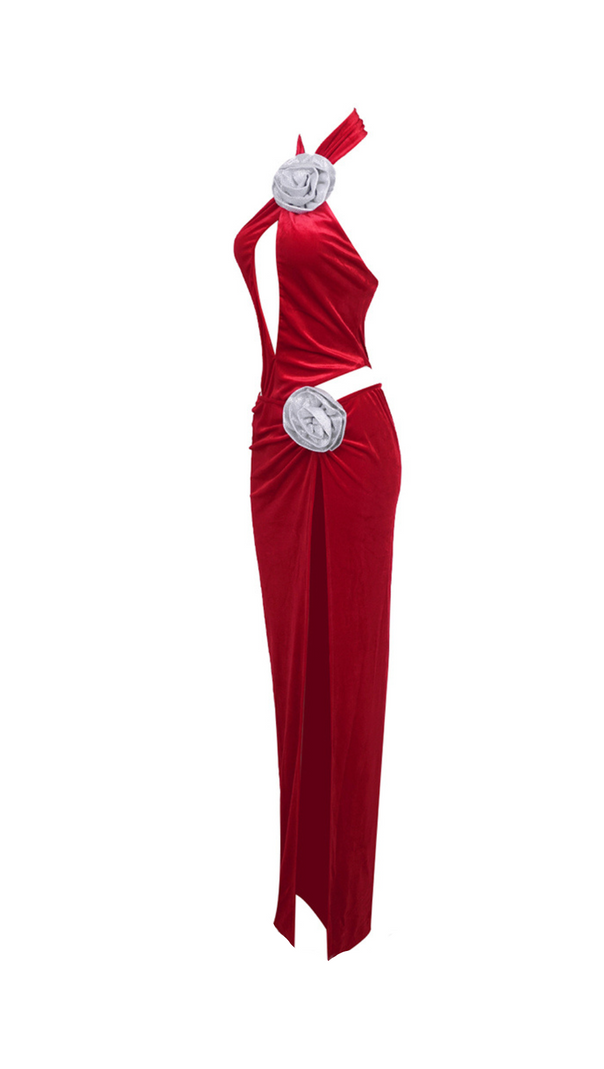 AIIZIE HAZEL CRYSTAL ROSE FLOWER CUTOUT MAXI DRESS IN RED - product image