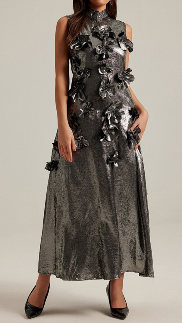 AIIZIE 3D FLORAL EMBELLISHED MAXI DRESS IN GREY - product image