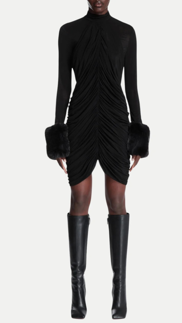 AIIZIE VEVIDA RUCHED MESH FAUX FUR MINI DRESS IN BLACK - product image