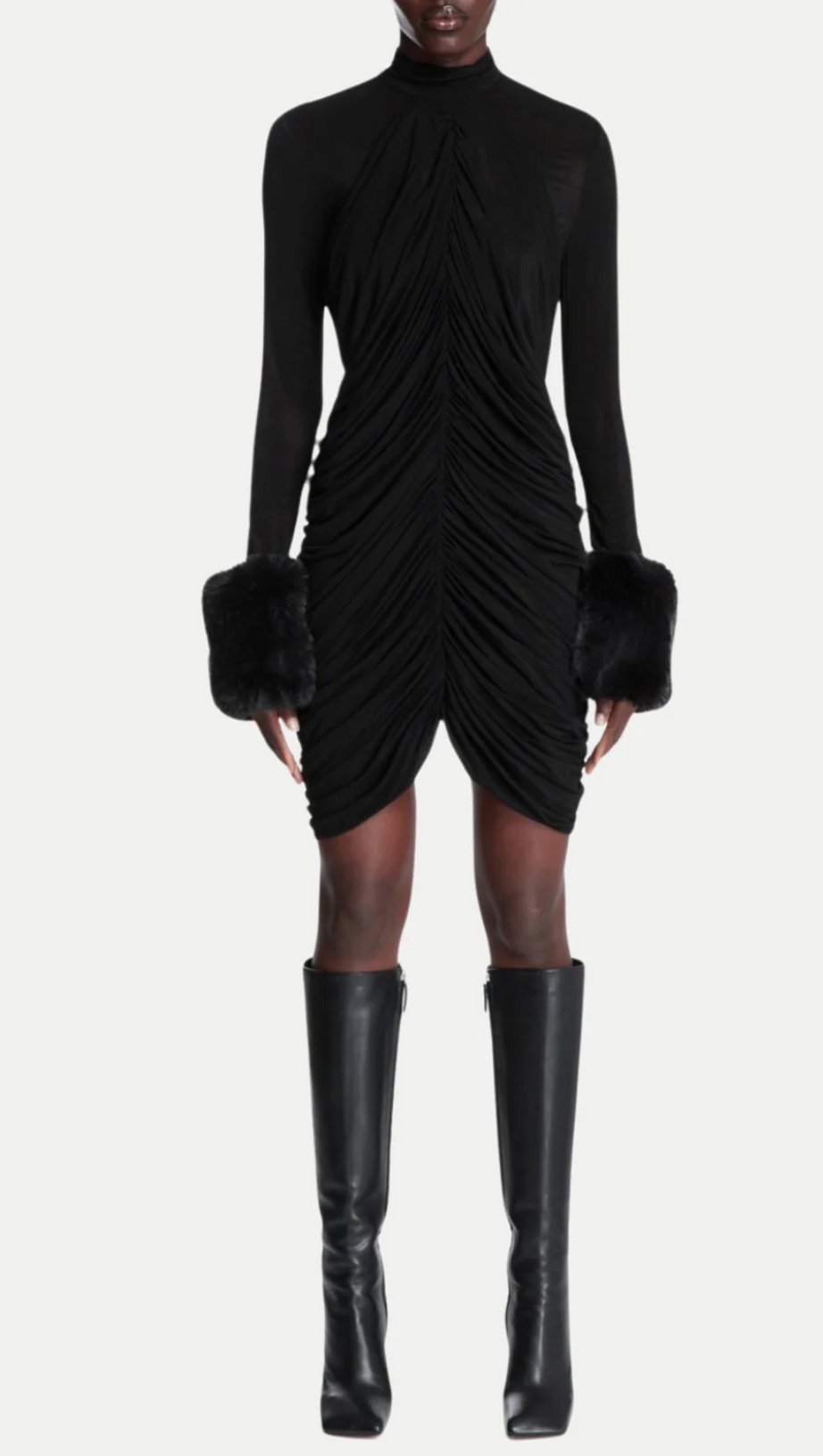 VEVIDA RUCHED MESH FAUX FUR MINI DRESS IN BLACK