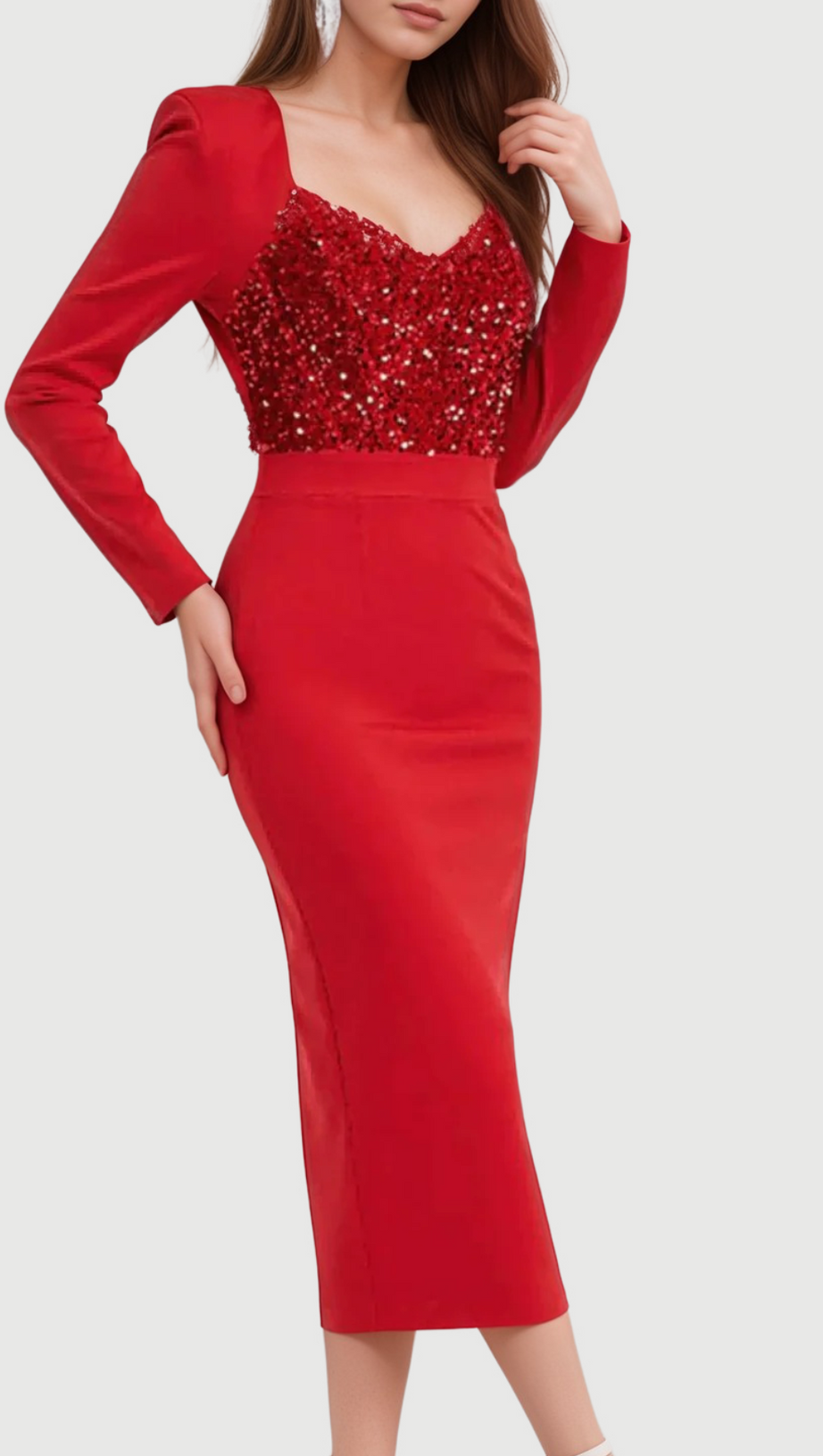 MELISSA LANGÄRMELIGES MIDIKLEID MIT PATCHWORK-PAILLETTEN IN ROT