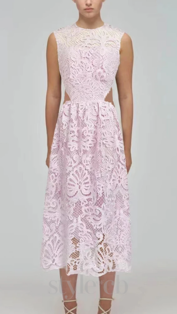 AIIZIE FANNY CUT-OUT LACE EMBROIDERY MIDI DRESS IN PINK - product image