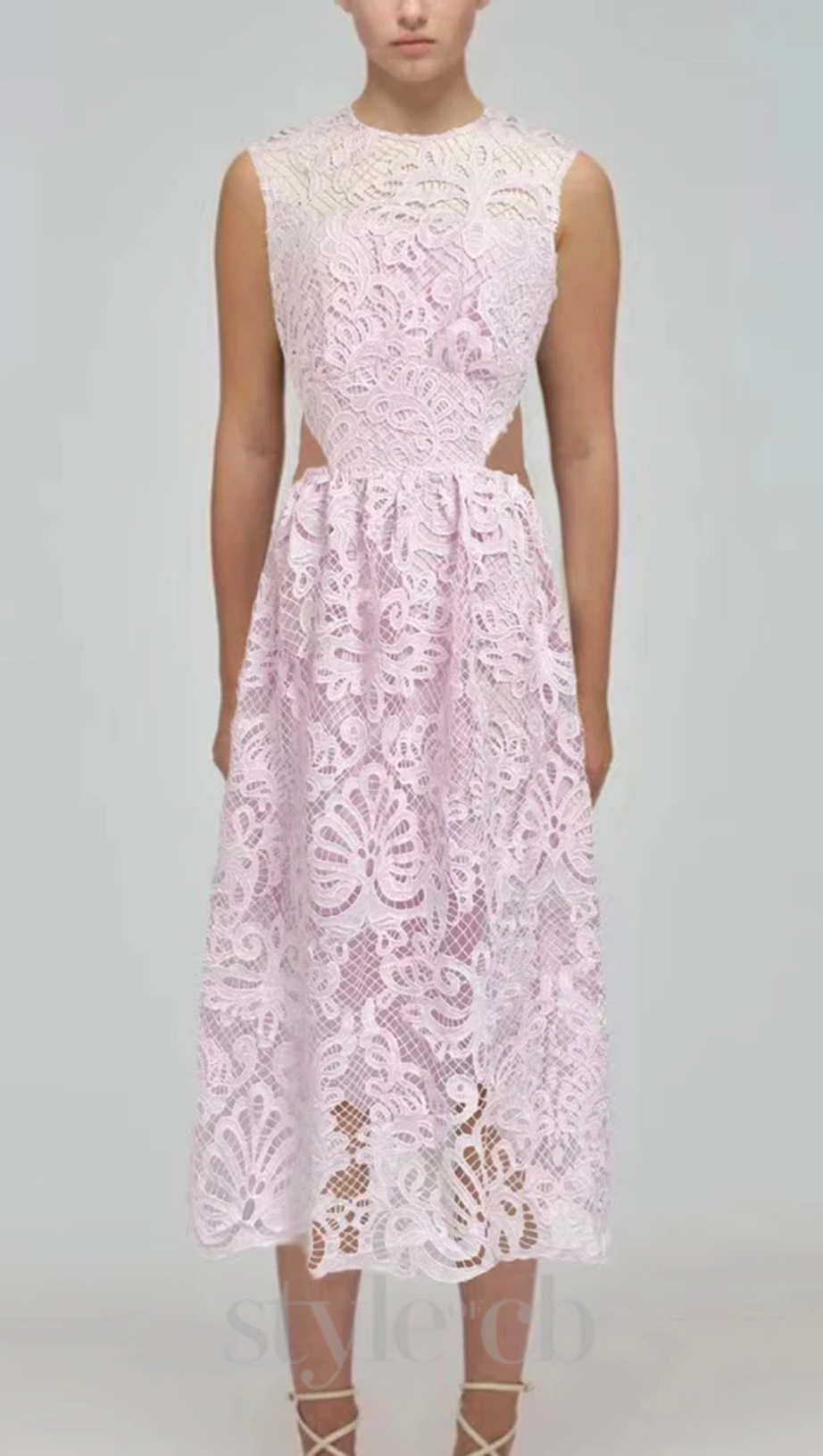 FANNY CUT-OUT LACE EMBROIDERY MIDI DRESS IN PINK