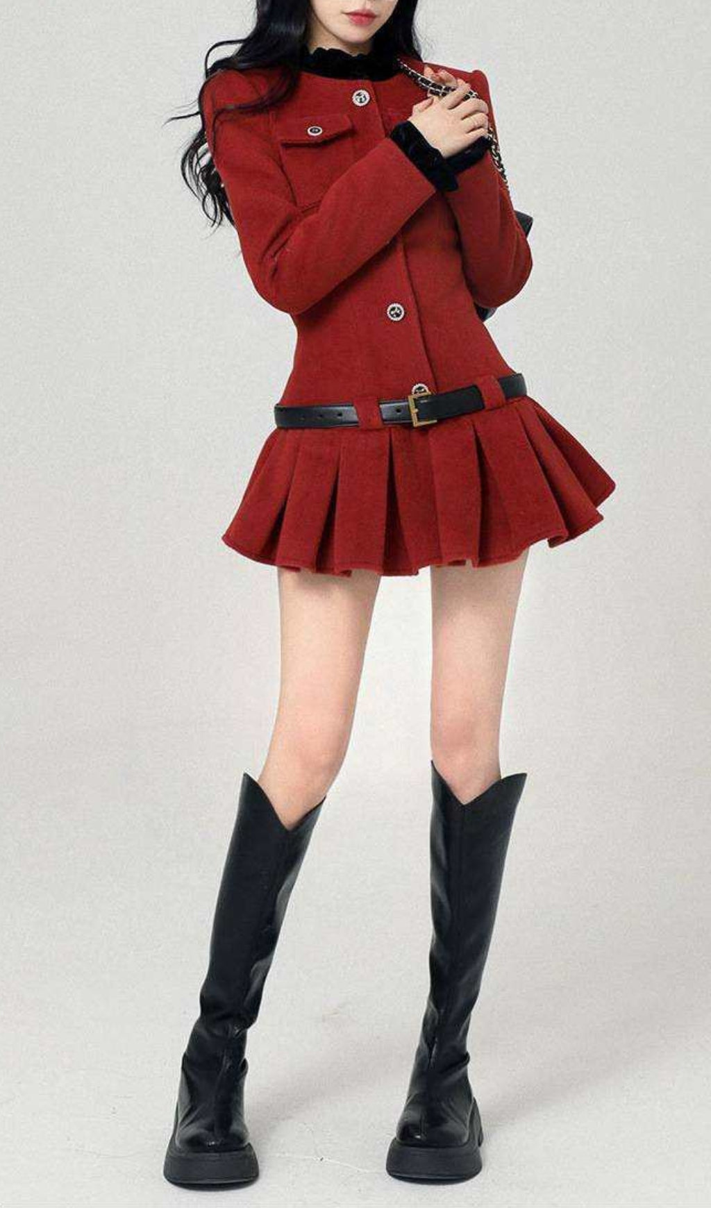 AIIZIE LONG SLEEVES ULTRA SHORT PLEATED DRESS IN BURGUNDY - product image
