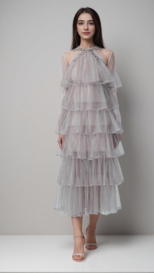 AIIZIE LAYERED RUFFLE HALTER DRESS WITH SPARKLE SHEER FABRIC - product image