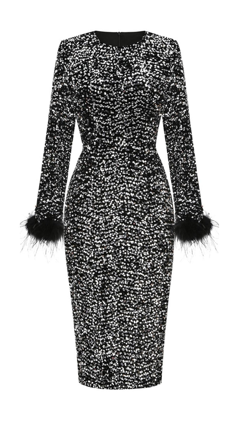 SEQUIN FEATHER LONG SLEEVES MIDI DRESS