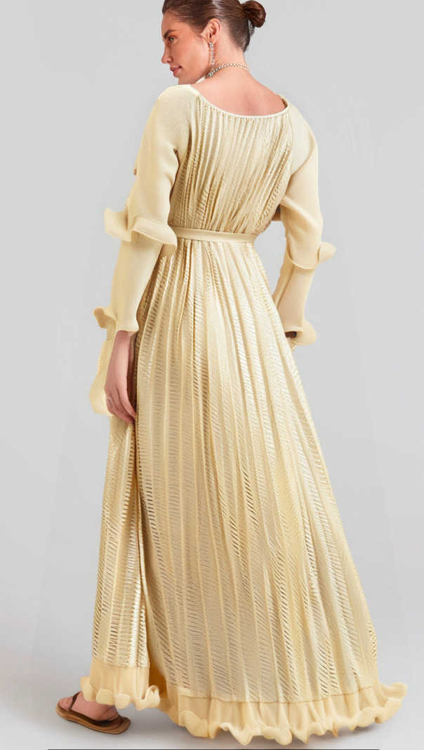 ELLIE NEUTRALS GILDED RUFFLED MIDI DRESS