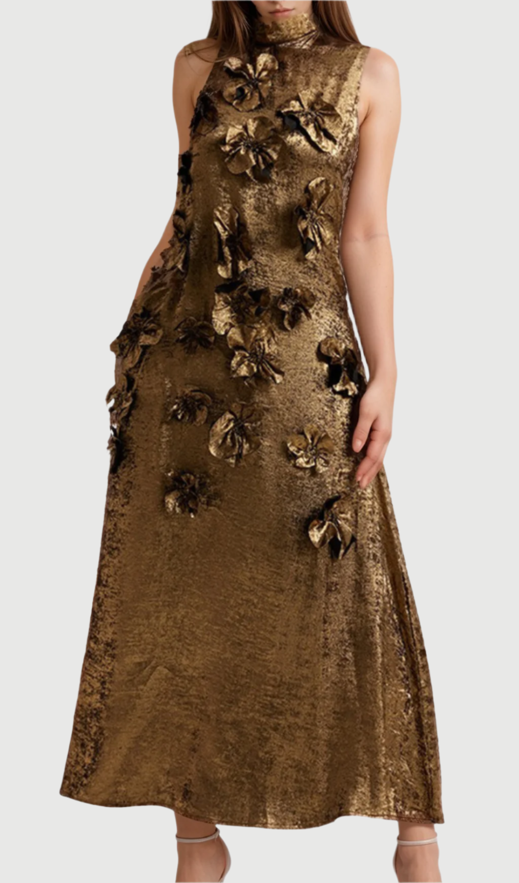 ADELA 3D FLORAL EMBELLISHED MAXI DRESS IN GOLD
