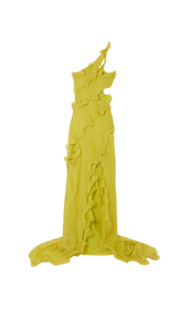 ABITO MONOSPALLA ASIMMETRICO CON TAGLIO TABITHA YELLOW