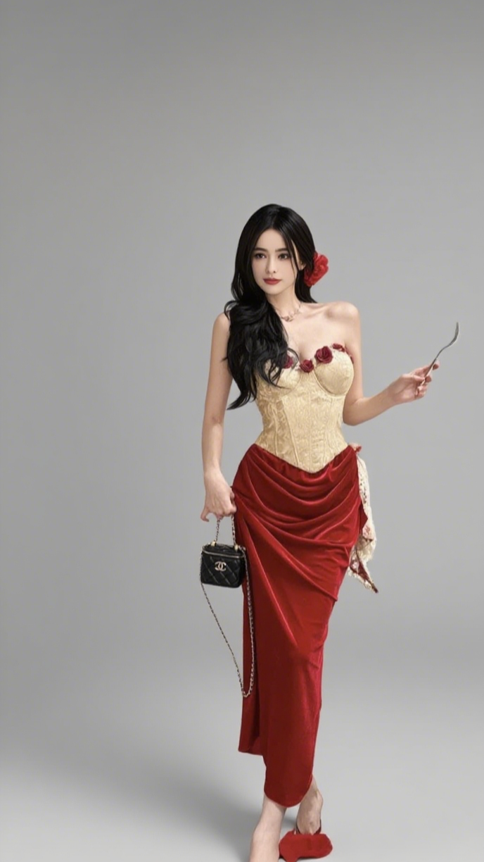 FLORAL ACCENT STRAPLESS MIDI DRESS IN GOLD RED