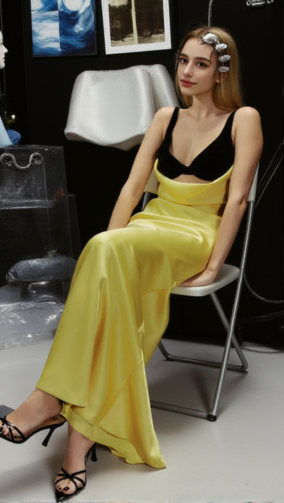 VELVET BUSTIER MAXI DRESS IN BLACK YELLOW