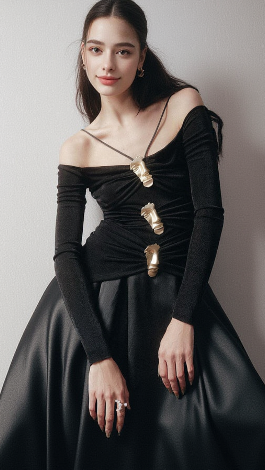 BLACK A-LINE COLD SHOULDER SLEEVED SPANDEX TAFFETA MAXI DRESS