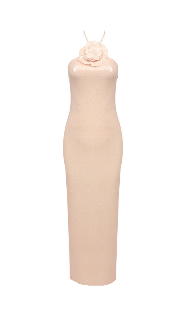 AIIZIE ADELAIDE ROSETTE HALTER SEQUINED GOWN IN CHAMPAGNE - product image