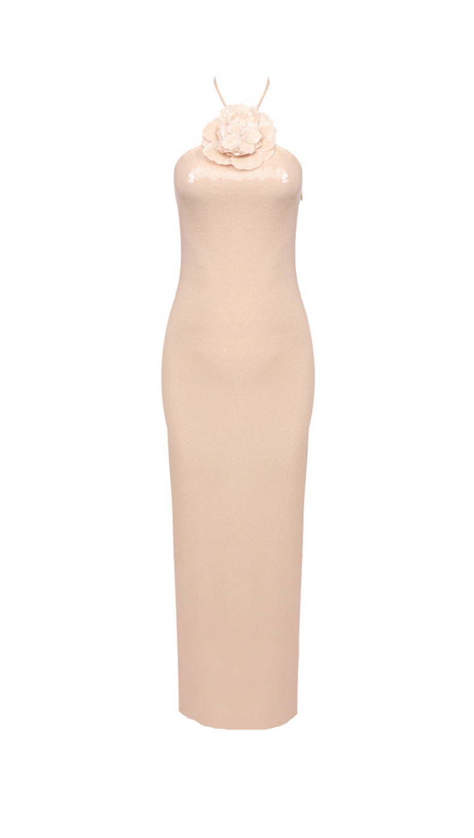 ADELAIDE ROSETTE HALTER SEQUINED GOWN IN CHAMPAGNE
