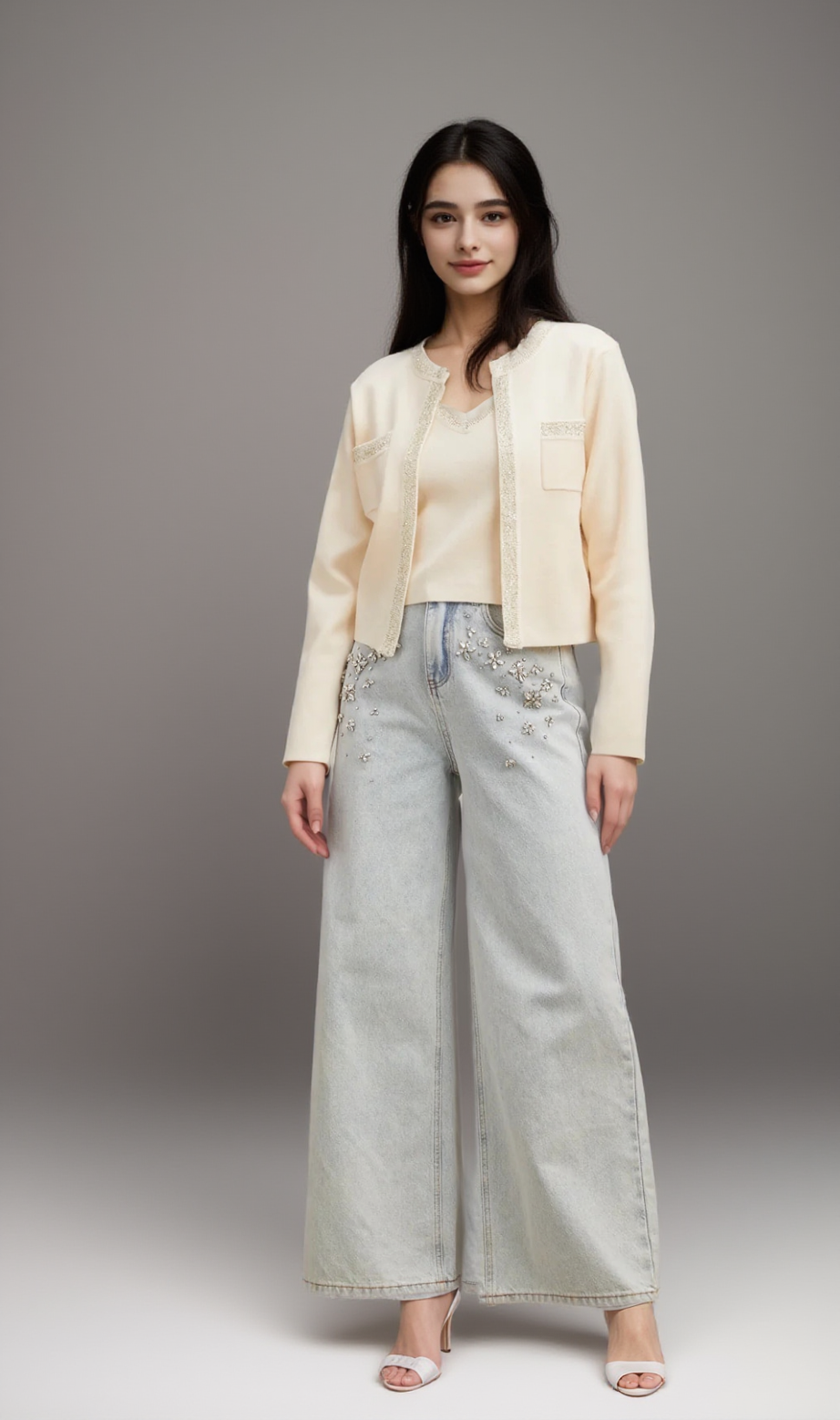Celia white sequined fine-knit cropped top