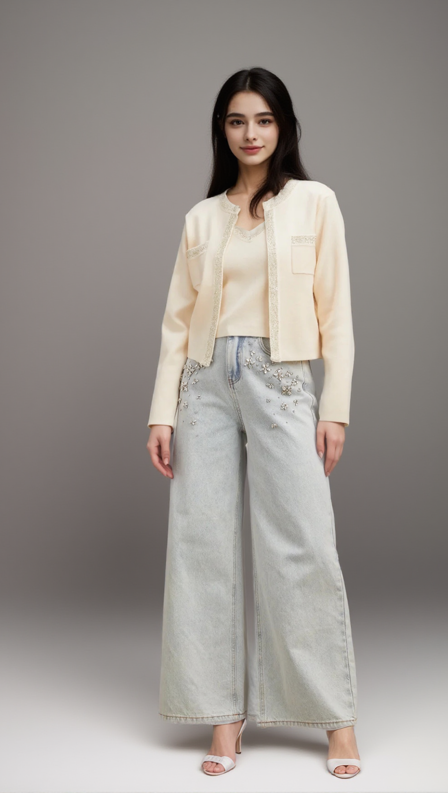 CELIA WHITE SEQUINED FINE-KNIT CROPPED TOP