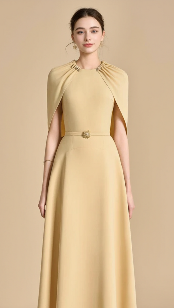 AIIZIE JASMINE A-LINE CAPE SLEEVED MAXI DRESS IN YELLOW BEIGE - product image