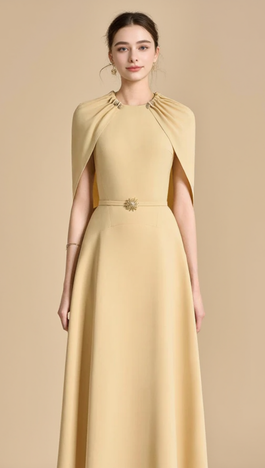 JASMINE A-LINE CAPE SLEEVED MAXI DRESS IN YELLOW BEIGE