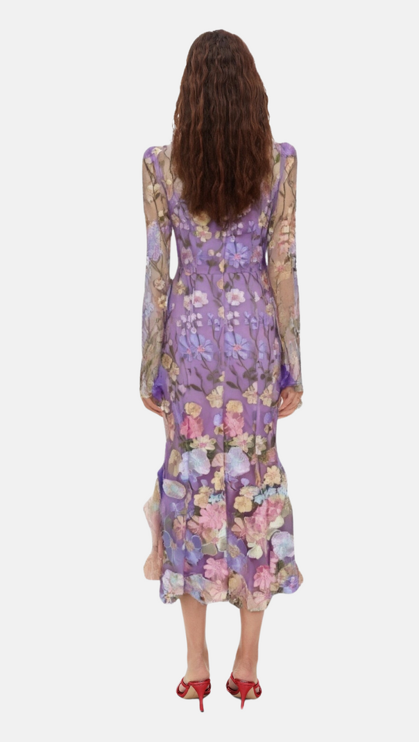 AIIZIE LONG SLEEVE EMBROIDERED MIDI DRESS IN PURPLE - product image