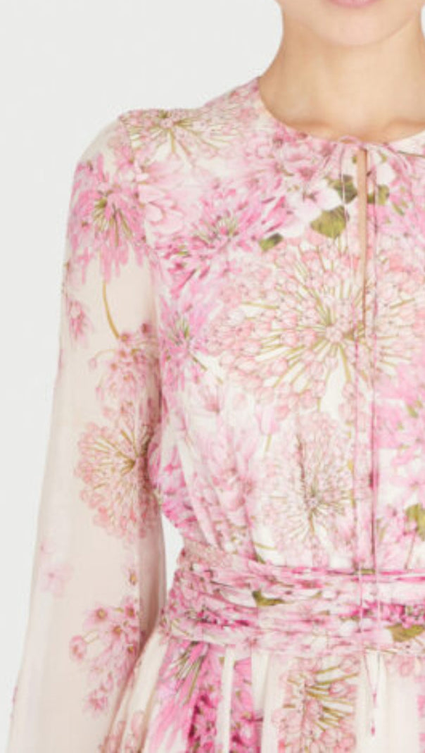 AIIZIE LACE-UP LANTERN SLEEVE FLOWERS PRINT MAXI DRESS - product image