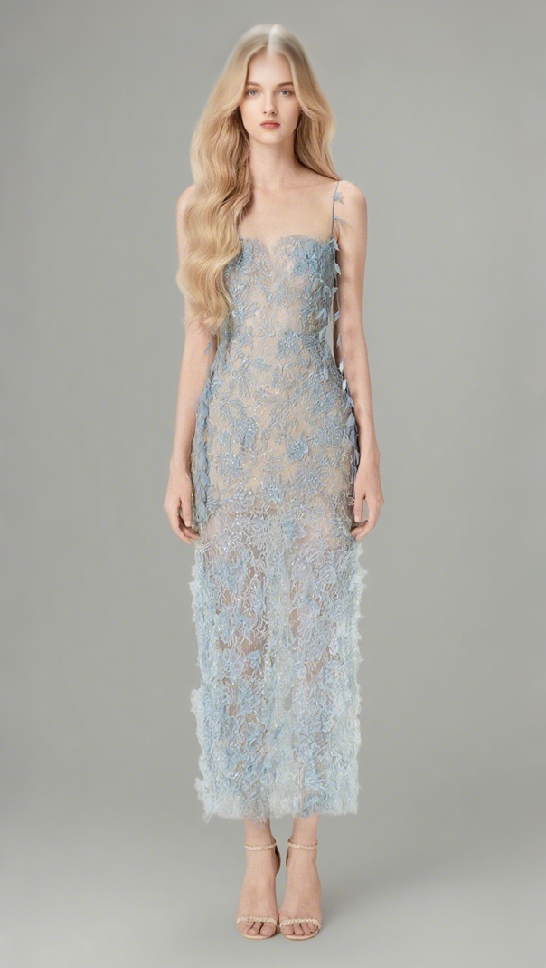 AIIZIE BLUE BEADED LACE PENCEL DRESS - product image