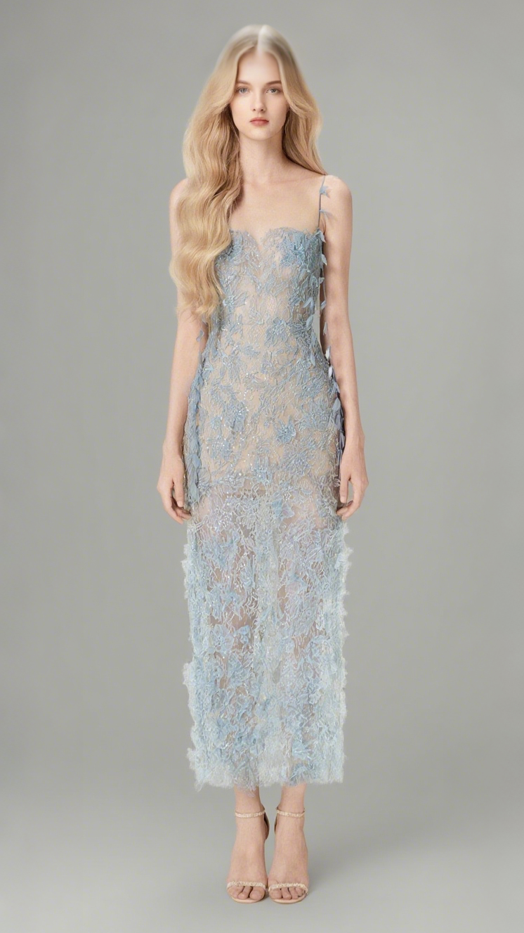 ABITO IN PIZZO BLU CON PERLINE