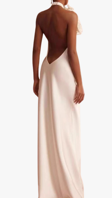 SHERRY HALTERNECK FLORAL APPLIQUE MAXI DRESS IN WHITE