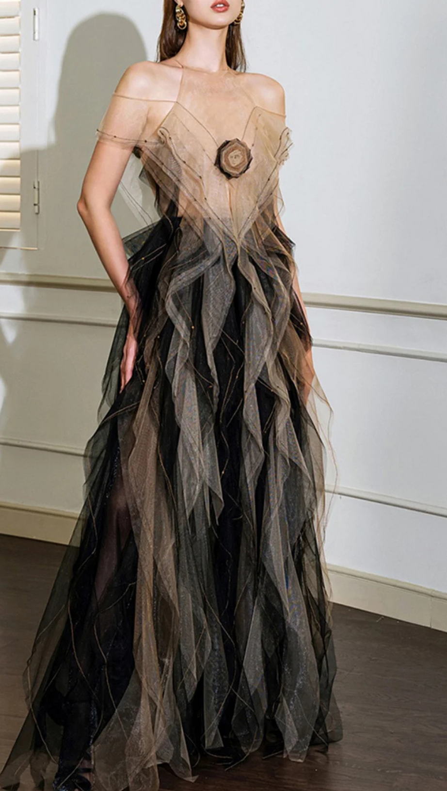 VALERIE FLORAL RUFFLED TULLE MAXI DRESS IN BLACK