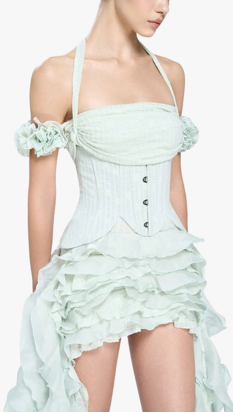 ELVA MINI ABITO CON SCOLLO A V, FIORI TRIDIMENSIONALI E NAPPE IRREGOLARI IN MENTA