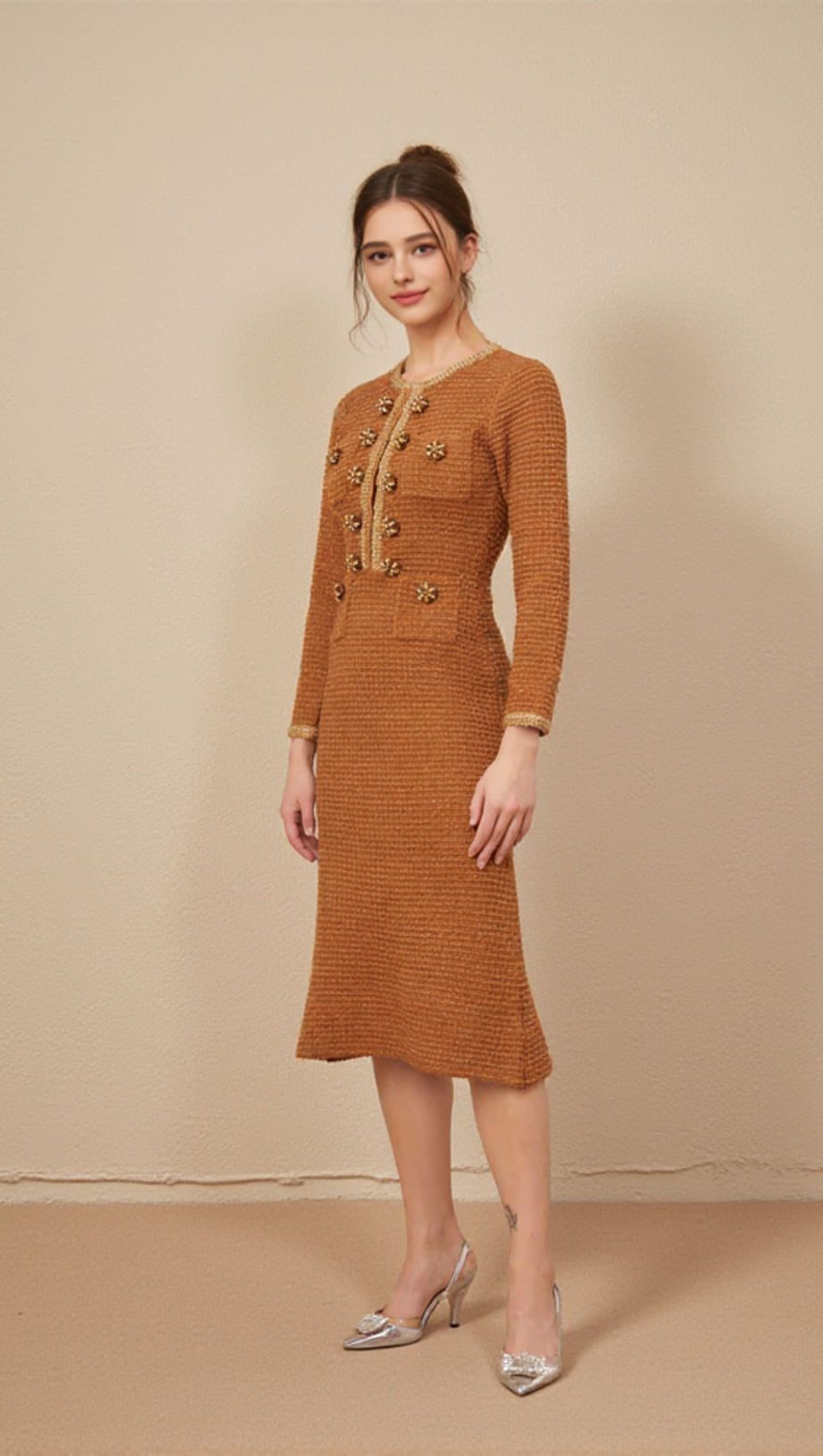 BRAIDED-EDGE TWEED MIDI DRESS IN BROWN