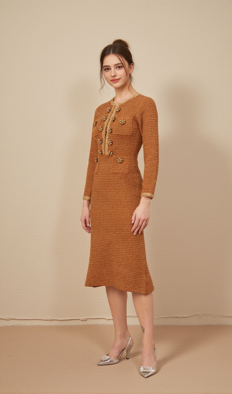 braided-edge tweed midi dress in brown