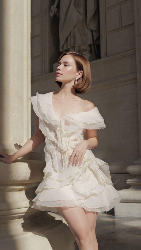 SABRINA RUFFLE LAYERS STRAPLESS MINI DRESS IN IVORY