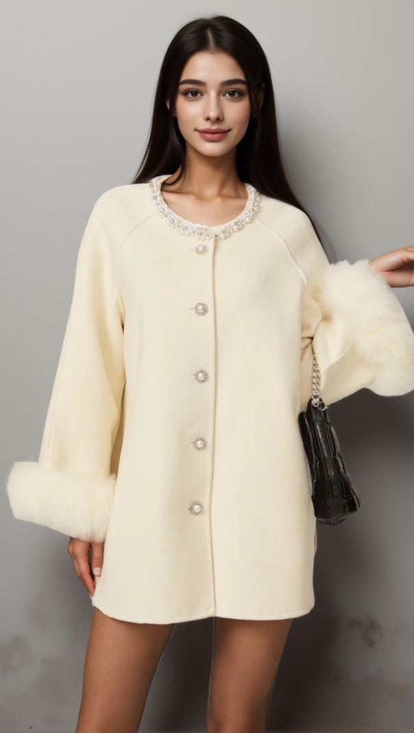 AIIZIE FRÉDÉRIQUE WHITE WOOL FUR EMBELLISHED COAT - product image