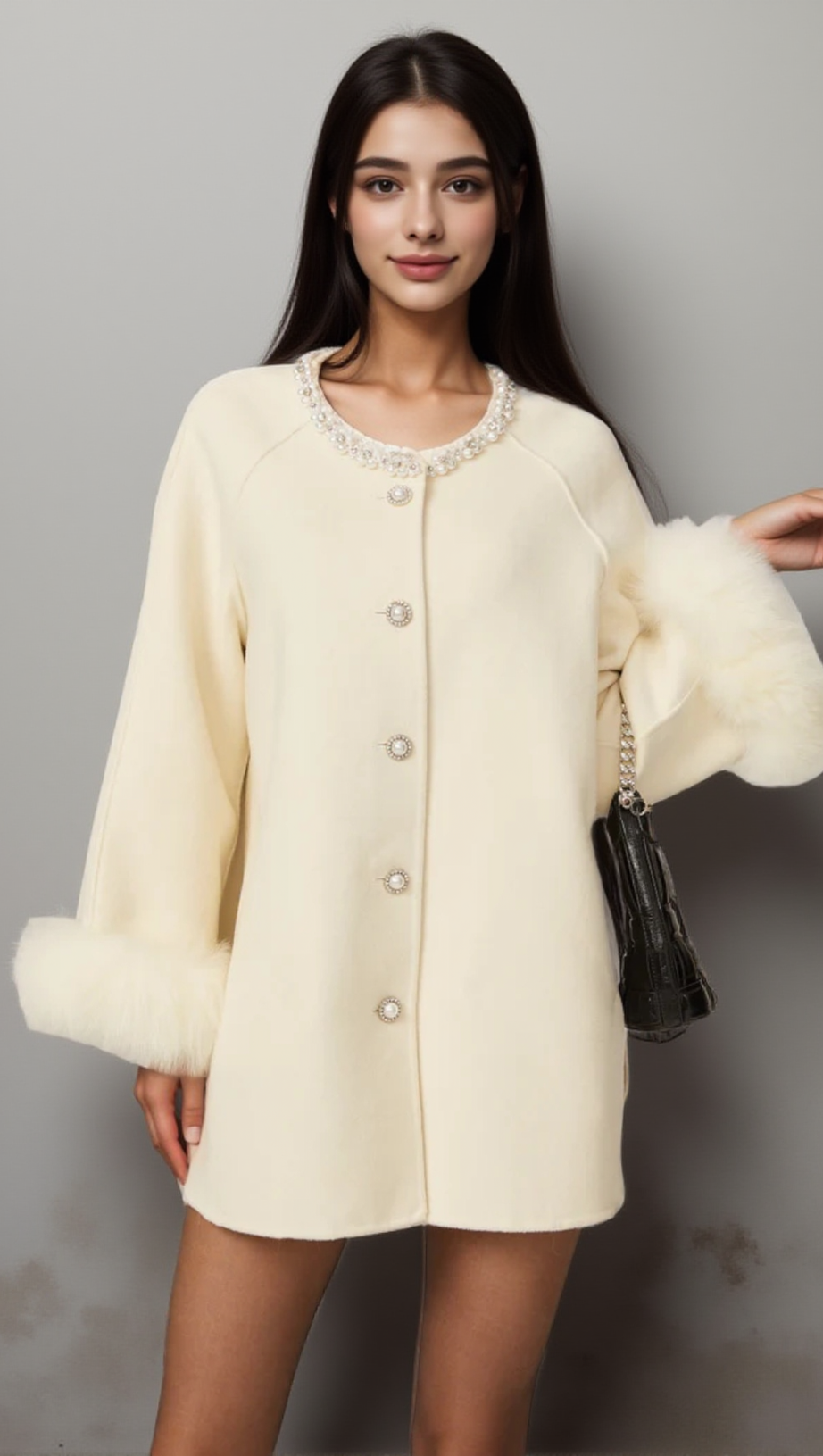 FRÉDÉRIQUE WHITE WOOL FUR EMBELLISHED COAT