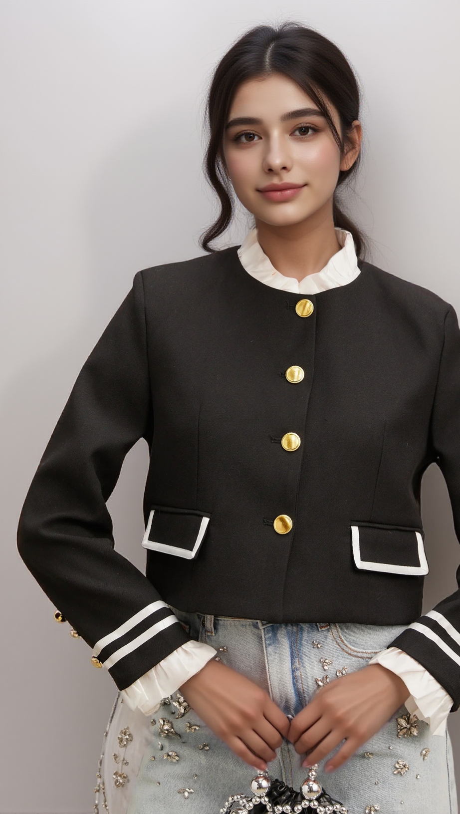 GÉRALDINE BLACK RUFFLED-TRIM JACKET