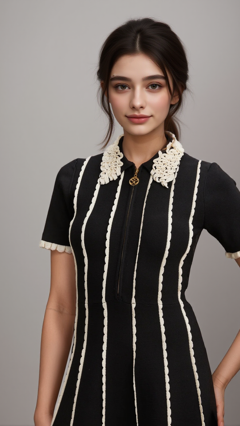 ZAZIE BLACK VERTICAL-STRIPED RUFFLE-TRIM KNIT MINI DRESS