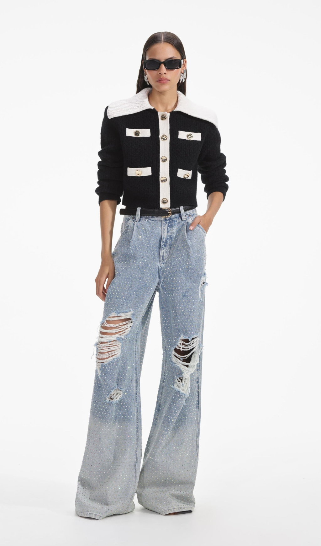 Schwarzer Cardigan aus Kaschmirmischung mit Kontrast