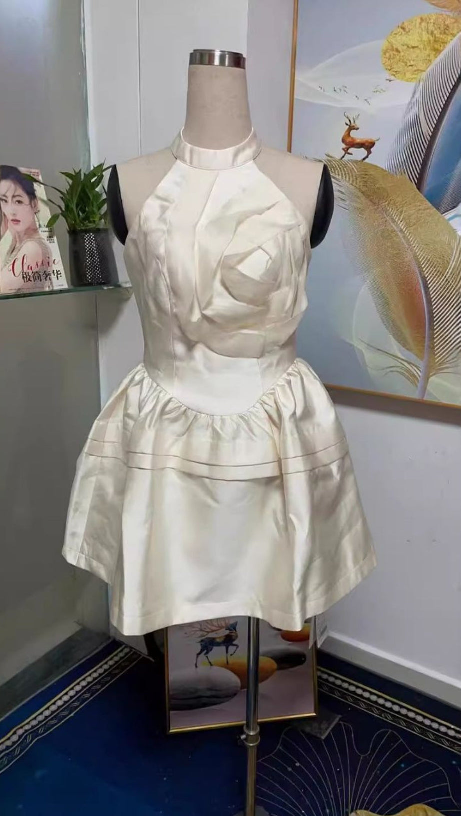 HALTERNECK ROSE MINI DRESS IN BLACK