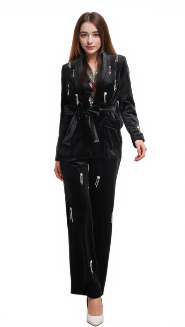 AIIZIE APPHIA VELVET DIAMOND EMBELLISHED BLAZER 2 PIECE IN BLACK - product image