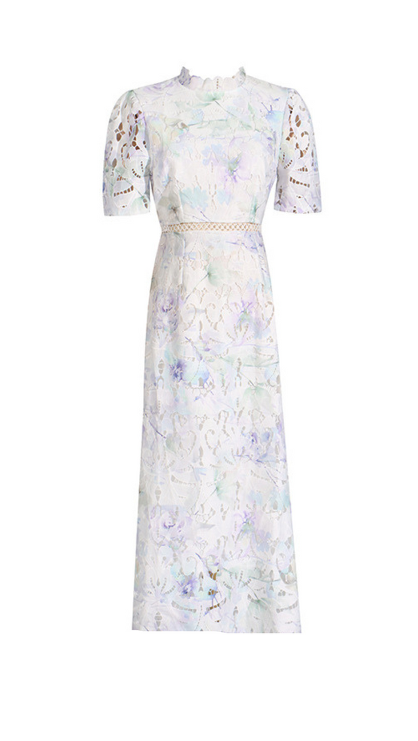 AIIZIE LACE PUFF SLEEVE STAND COLLAR MIDI DRESS IN WHITE - product image